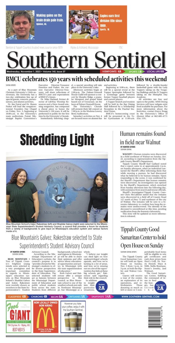 Sentinel Article showcasing Iralyn Rakestraw (senior) and Shaddai Galvez (junior) for their achievements and being elected to State Superintendent's Student Advisory Council.